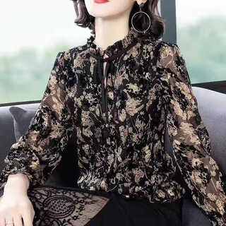 First diameter floral chiffon shirt women's long-sleeved 2025 spring and autumn tops fashionable loose women's autumn style bottoming shirt black xl recommended 120-130jin jin is equal to 0.5 kg