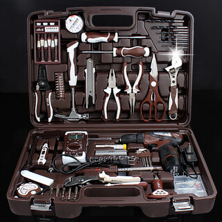 A.k german quality hardware tool box set, maintenance electrician set, multi-functional household manual combination with electric drill, luxury version e124 (cordless lithium electric drill)