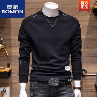 Romon men's t-shirt sweatshirt spring and autumn new pullover top korean style trendy slim youth round neck simple casual basement black m recommended 100125jin jin is equal to 0.5 kg
