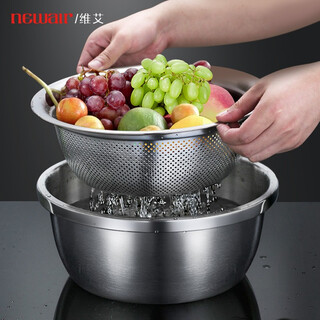 Newair food grade 304 stainless steel basin set thickened household kitchen rice wash basin drain basket leaking soup basin 304 stainless steel basin strainer set (30)