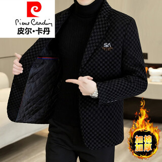 Pierre cardin plaid woolen suit men's 2025 winter new slim fit cotton thickened warm short woolen small suit jacket velvet black thickened xl 120-135jin jin is equal to 0.5 kg