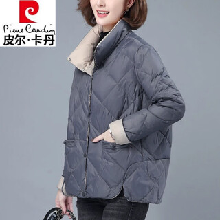 Pierre cardin down jacket women's winter mother's short 2025 new loose stand collar fashionable white duck down light thin slim jacket gray blue xl (recommended 115-130 jin jin equals 0.5 kg)