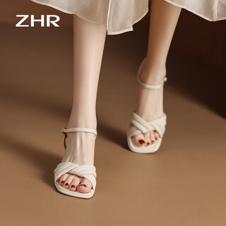 
ZHR Sandals for women in summer elegant one-strip thick heels for women's shoes gentle solid color high heels for women Y683 beige 39