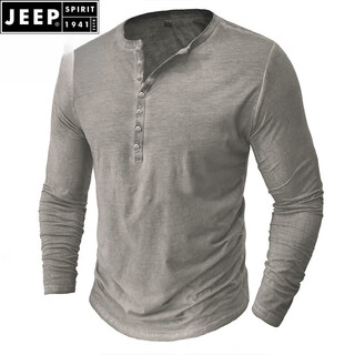 Jeep spirit european and american men's distressed henley shirt retro long-sleeved t-shirt large size men's button washed distressed bottoming shirt top light gray 2xl (185-205jin jin equals 0.5 kg)