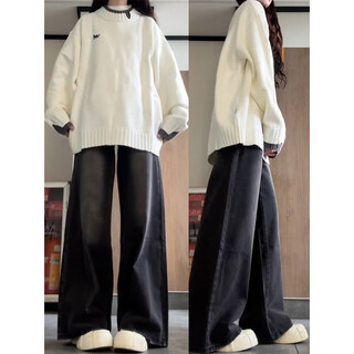 Cantu xiaoxiangfeng round neck sweater for women autumn and winter new fake two-piece long-sleeved sweater small loose coat women's white long-sleeved sweater s recommended 90-105jin jin equals 0.5 kg