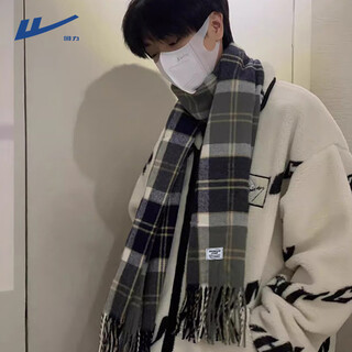 Pull-back scarf for men in winter, extended and thickened, warm plaid scarf, versatile and comfortable, artistic style gift for couples, shawl cotton, navy blue, upgraded version