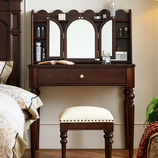 Old chief french retro style dressing table with makeup mirror makeup table all solid wood american small apartment walnut color bedroom furniture dressing table + makeup stool