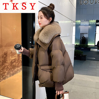 Tksy short down jacket women's 2026 winter goose down new style fashionable fashion small big fur collar jacket brown fox fur s
