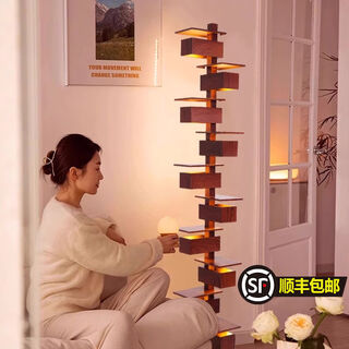 Zhongshuai flowing water villa floor lamp designer simple living room imitation wood grain light and shadow art ornaments decorative lamp flowing water floor lamp walnut color