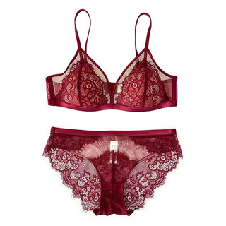 Tingmei (gracwell) french retro pure lust lace underwear for girls, comfortable and thin, no wires, small breasts, sexy triangle cup bra set, red set m (34/75abc)