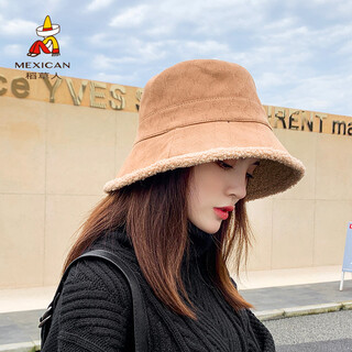 Scarecrow (mexican) lamb hair hat for women winter fashion warm thickened ins style fisherman hat korean style face-showing small basin hat brown
