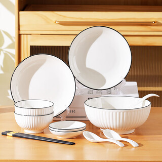 Chuanqi ceramic tableware 12-piece bowl and plate set underglaze color tableware set dish set microwave oven simple black line vertical pattern