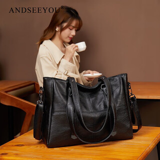 Andseeyou genuine leather women's bag 2025 new large capacity large bag simple fashion versatile shoulder crossbody bag tote commuter bag black