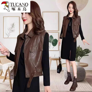 Woodpecker retro hong kong style waistcoat jacket women 2024 early autumn new fashionable age reducing handsome versatile pu leather vest trendy 361-single brown vest m recommended 80-jin jin is equal to 0.5 kg
