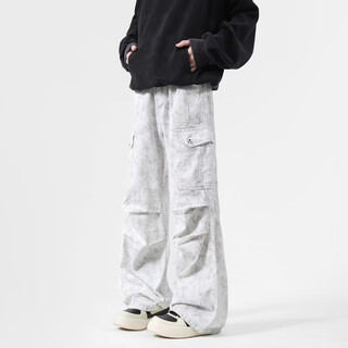 Poum american retro tie-dye workwear heavy jeans high street handsome wide-leg paratrooper pants trendy pleated dirty trousers dirty white regular xl 120-135jin jin is equal to 0.5 kg