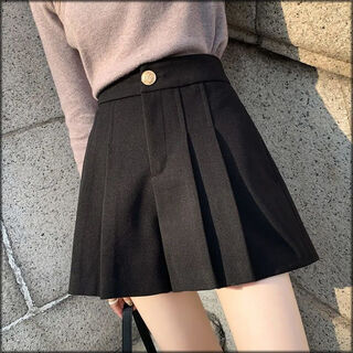 Caimu xia pleated woolen shorts for women autumn and winter 2024 new high-waisted versatile a-line wide-leg pants for outer wear woolen boots and pants trendy black m