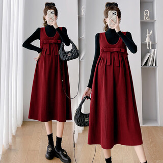 Yibaiyi (yibaiyi) maternity wear autumn and winter suit fashion dress high elastic corduroy suspender skirt autumn and winter bottoming top two-piece set red suit xxl