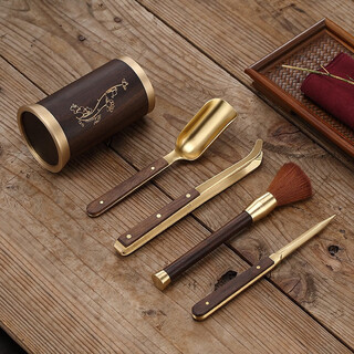 Jiutang tea ceremony six gentlemen pure brass kung fu tea set accessories 6 gentlemen set solid wood tea making tools tea clamp tea knife spatula (lotus) ebony wood inlaid copper five gentlemen