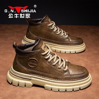 Bull family men's shoes autumn and winter martin boots high-top retro work shoes thick soles increased casual leather shoes boots for men