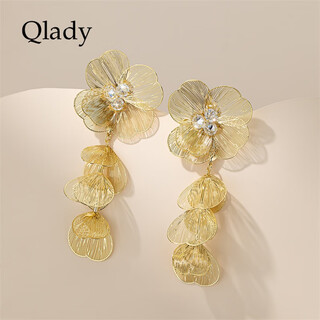Qlady exaggerated flower earrings, feminine style, big round face, unique light luxury earrings 2024 new high-end earrings gift, gold, no specifications