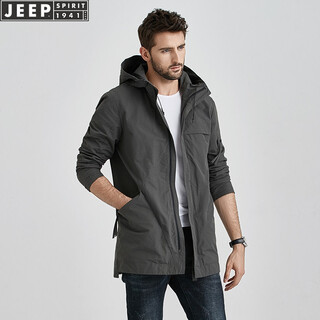 JEEP风衣男士中长款连帽春秋季工装韩版潮流休闲春秋外套 灰色 XL