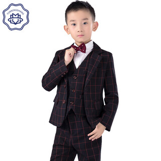云凝裳儿童西装套装男童花童礼服钢琴演出服中大童韩版小孩西服外套冬季 红格子西服4件套（外套+马甲+裤子+领结） 160