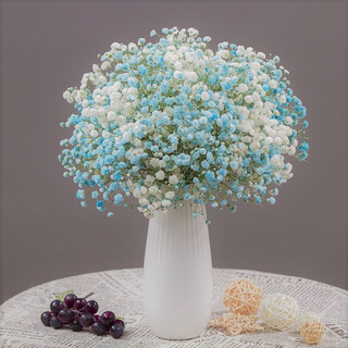 Aiman dried baby's breath bouquet for home decoration, living room and bedroom decoration, flower arrangement, eternal freshness, birthday gift with vase, white + blue baby's breath, including newspaper + ribbon, dried flower bag