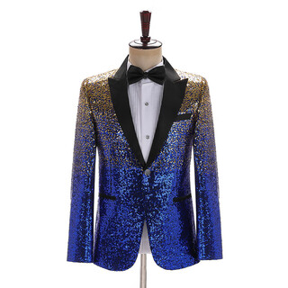Zhehan host male singer performance clothing colorful gradient sequin suit top men's stage style shiny catwalk blue_gold l