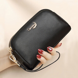 Crocodile shirt double zipper first layer cowhide wrist bag women's clutch bag simple long wallet t2008 black