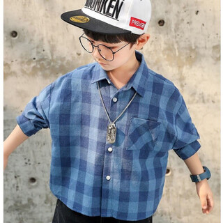 Weiman fawn children's clothing men's children's shirts boys' spring and autumn plaid lapel cardigan jacket tops medium and large children's shirts 208 blue 120 recommended height is about 110 cm