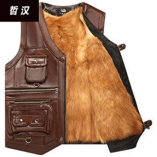 哲汉牛皮马甲男真皮男皮毛一体中老年头层羊毛马夹冬季棉背心爸爸坎肩 棕色牛皮+狗毛内胆 3XL 130-150斤