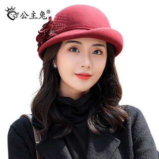 Princess rabbit wool hat women's autumn and winter beret korean style versatile elegant lady curly top hat retro fisherman hat dome burgundy adjustable