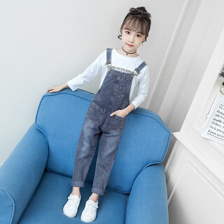 Girls' denim overalls 2020 spring and autumn korean style internet celebrity jeans medium and large children's loose western style overalls half size small blue five pockets 150cm