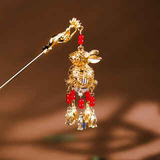 Lingchuan glowing rabbit tassel lantern hairpin mid-autumn festival west lake palace lantern ancient style hair ornament for women with hair on the back of the head red single hairpin