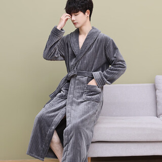 Haodexi autumn and winter flannel pajamas men's thickened and lengthened coral velvet nightgown winter plus velvet warm bathrobe men's bathrobe w-vertical striped nightgown 5501 gray-velvet men xxxl (160-180jin jin equals 0.5 kg)