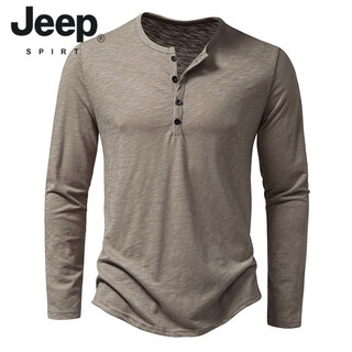 Jeep spirit american retro heavyweight long-sleeved bottoming shirt autumn long-sleeved henry shirt men's fitness tough guy army green t-shirt long sleeve khaki m