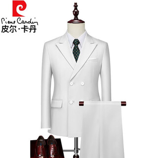 Pierre cardin men's casual formal suit three-piece suit double-breasted suit suit performance dress host casual suit white top + pants tie xl 125jin jin equals about 0.5 kg