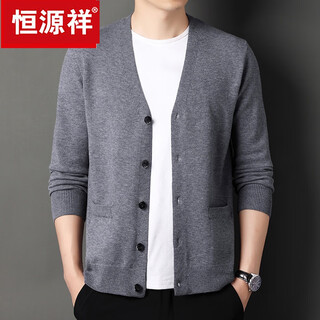 Hengyuanxiang pure wool sweater men's cardigan sweater middle-aged and elderly spring and autumn v-neck casual solid color sweater jacket medium gray pure wool thin section real pocket 3xl/185/recommended 165-180jin jin equals 0.5 kg
