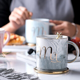Liuyan mug ceramic cup european marble cup ins literary coffee cup couple cup breakfast cup milk cup birthday gift straight mouth style gray mr-with spoon