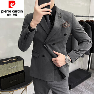 Pierre cardin double-breasted suit suit for men, casual business suit, groom's wedding dress, handsome slim fit suit for men, medium gray two-piece suit (suit + trousers) 2xl (140-150jin jin is equal to 0.5kg)