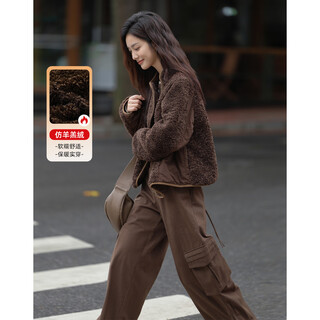 Demana retro coffee plush jacket autumn and winter irregular arc zipper imitation sherpa jacket for women brown s