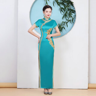Should cheongsam chinese style daily performance wear high-end long elegant red improved large size stage model catwalk cheongsam light green 1236 xl