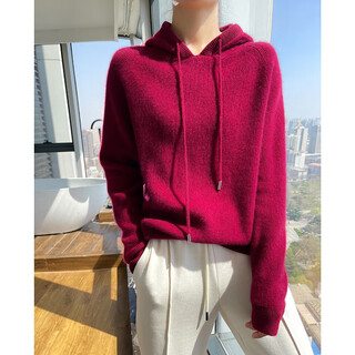 Mushi autumn and winter cashmere sweater women's hooded cashmere sweater women's solid color ingot needle knitted hoodie new jd011 cherry red l