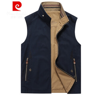 Pierre cardin spring and autumn vest men's reversible cotton large size dad vest outdoor men's vest casual vest jacket thin knitted dark blue 3xl 155-170jin jin is equal to 0.5 kg
