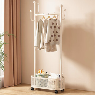 Wooden cream style bedroom clothes hanger floor-standing room coat rack multi-functional indoor mobile storage clothes rack wheeled clothes hanger 60cm cream white