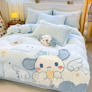 Cartoon milk velvet four-piece winter bed sheet quilt cover cute patch embroidered children's quilt cover coral velvet thickened warm big-eared dog blue 1.8m bed sheet four-piece set quilt cover 200x230