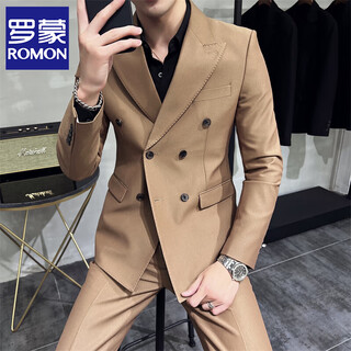 Romon light luxury high-end double-breasted suit suit men's korean style trendy slim business formal casual suit two-piece set brown double-breasted t687 xl