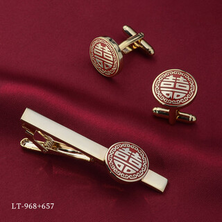 apatia袖扣男结婚喜字男士法式衬衫袖口扣西装袖钉高端纽扣子领带夹套装 圆喜袖扣(法式衬衫专用)+领带夹