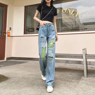 Mad cortes trendy brand ripped jeans women's straight wide leg pants drape 2025 spring and autumn high waist contrasting color embroidered floor mopping pants green bottom ripped retro blue nine points under 158cm 25