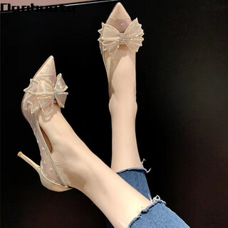 Daohuatu rhinestone bow high heels women's stiletto heels 2021 summer new versatile lace pointed crystal single shoes wedding shoes mesh off-white 8 cm 34 standard size